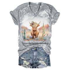 Highland Cow Chic Tie Dye V-Neck T-Shirt with Western Print